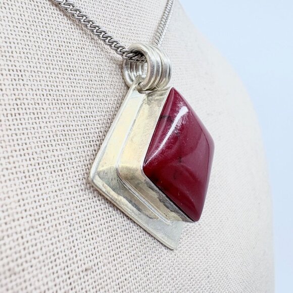VTG Sterling Silver 925 Jasper Bezel Set Pendant Necklace Size 24" Length - Picture 4 of 16